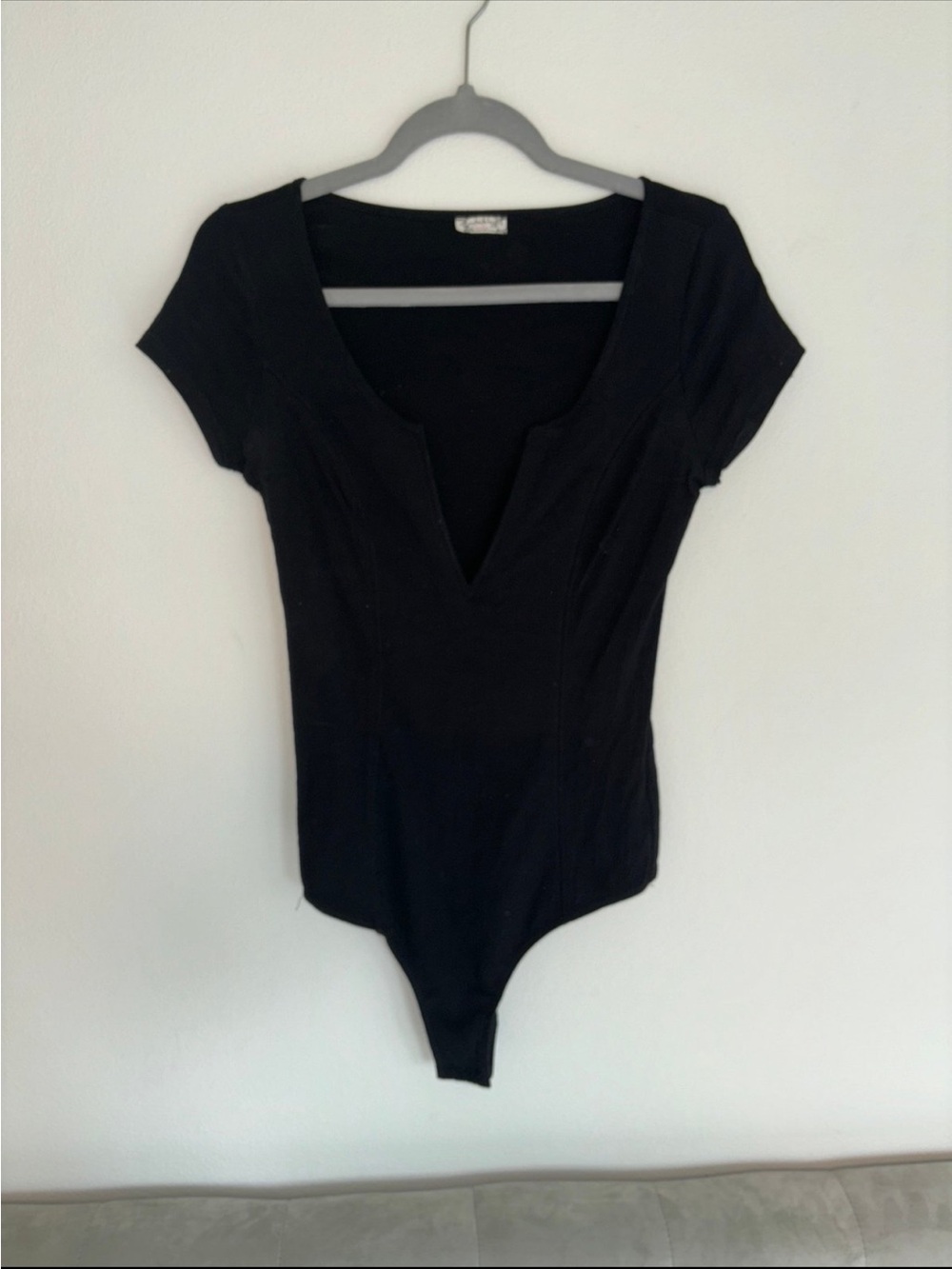 Free People Black V-Neck Short Sleeve Bodysuit - Women's Top
